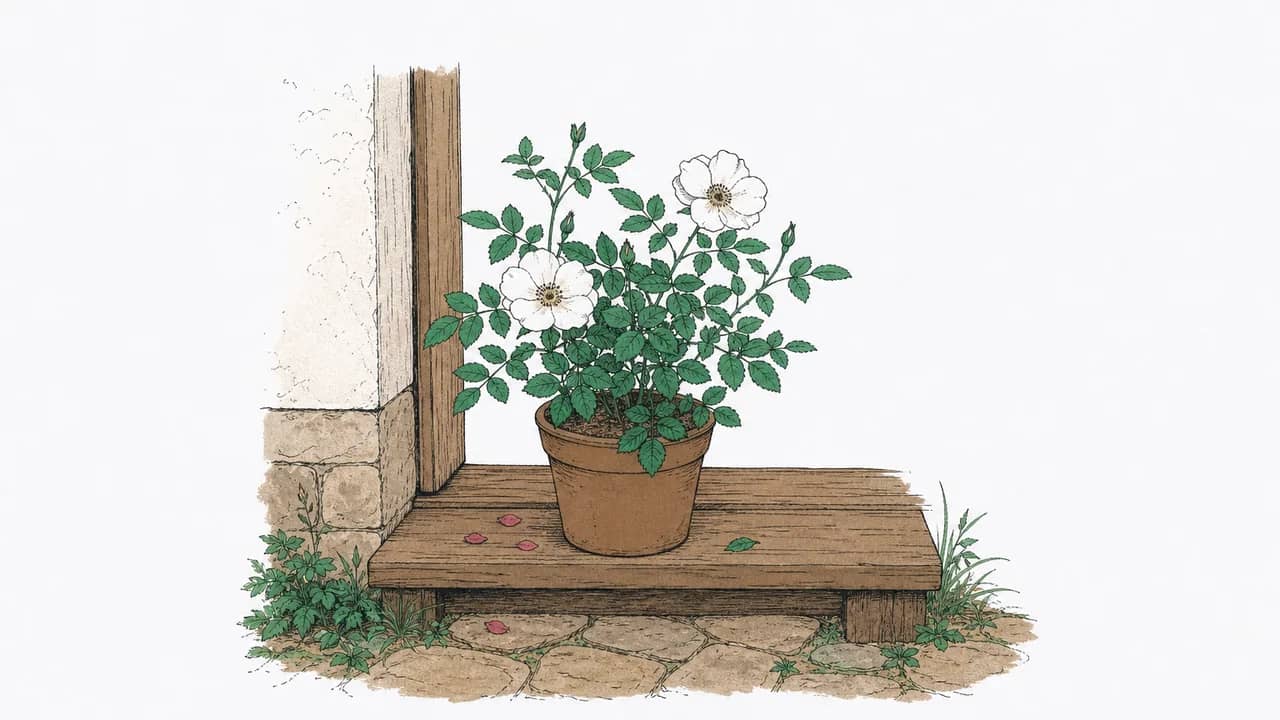 Eine einzelne Topf-Alba-Rose mit zwei halbgefüllten weissen Blüten auf einer niedrigen hölzernen Türschwelle.