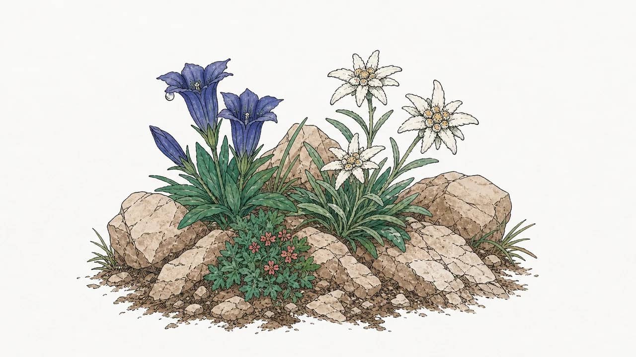Eine kleine Gruppe Gentiana und Edelweiss zwischen Kalksteinen mit einem Tautropfen, der an der Gentiana haftet.