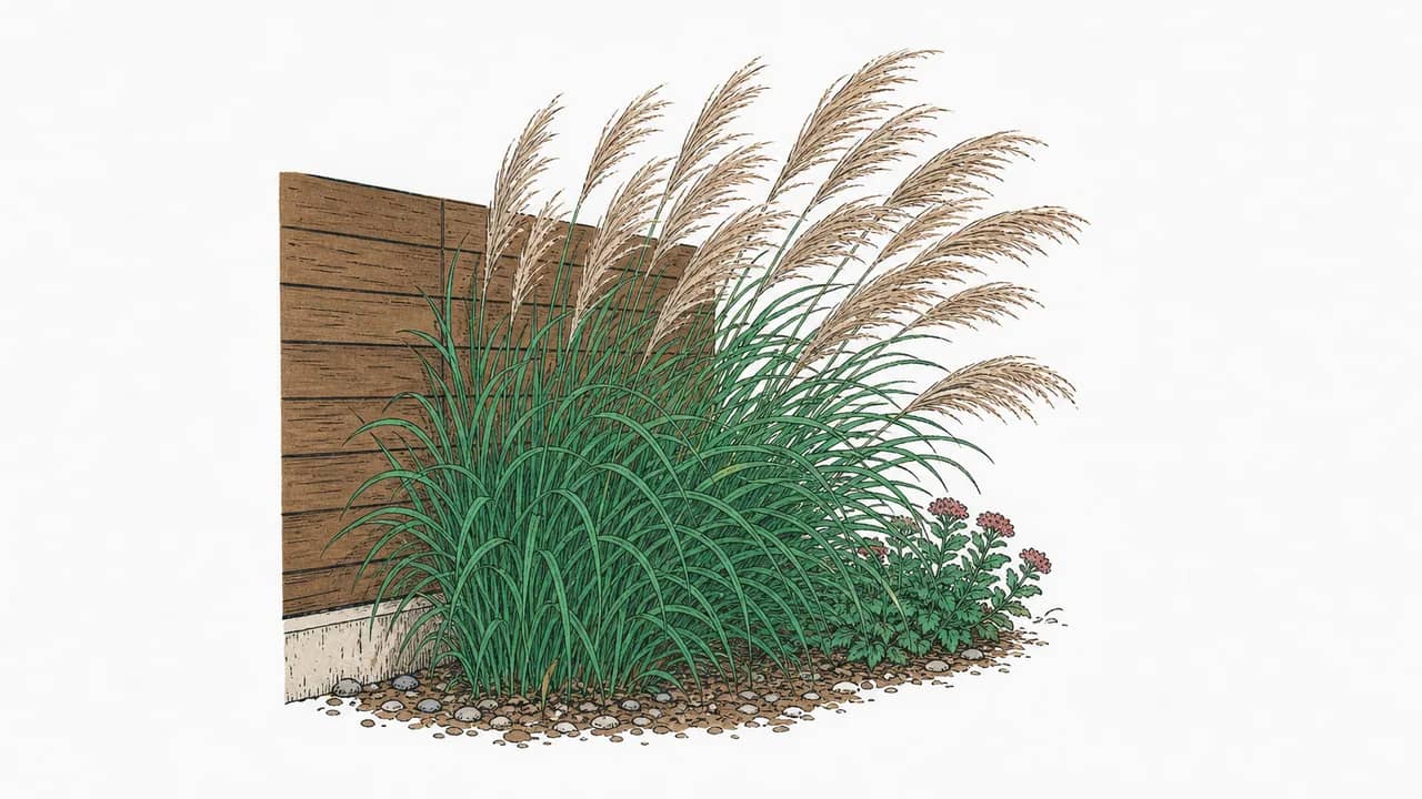 Ein Miscanthus-Grasbüschel mit hohen Blütenähren, das sich neben einer holzverkleideten Gartenwand neigt.