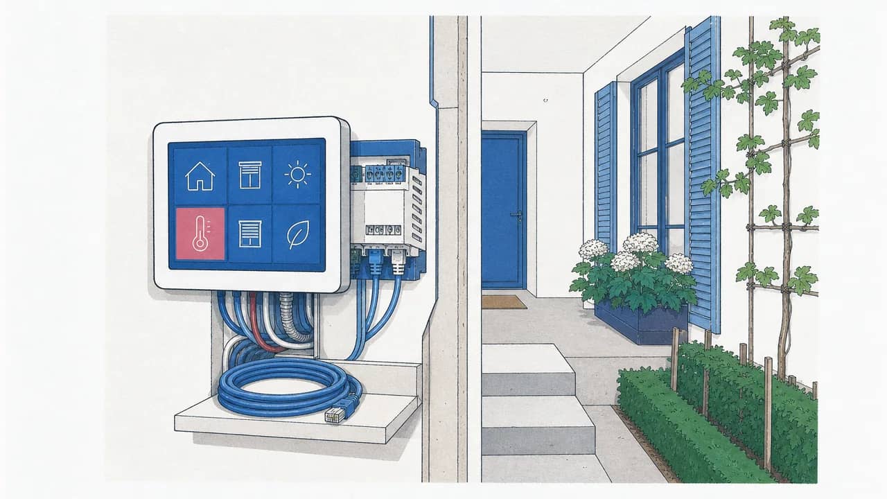 Wandmontiertes Smart‑Home-Touchpanel im Flur mit freiliegenden Leitungen und einem aufgewickelten Ethernet-Kabel auf einem Regalbrett.