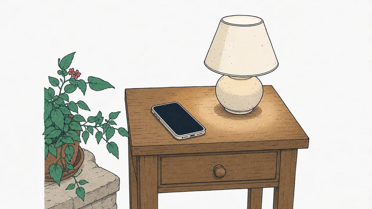 Ein iPhone auf einem hölzernen Nachttisch und eine kleine Keramik-Nachtlampe, die warmes Licht ausstrahlt.
