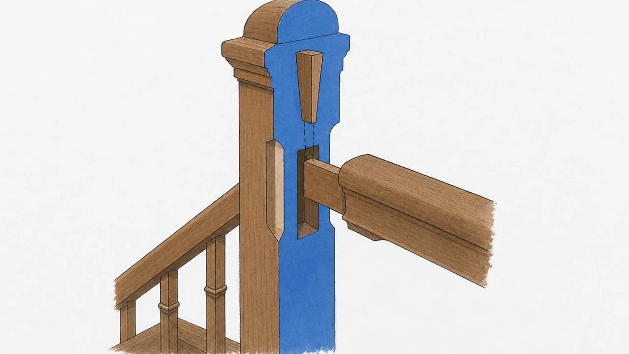 Zu sehen ist ein Treppenpfostendetail, ein Holzgeländerzapfen wird eingepasst und ein Holzkeil ist eingesetzt.