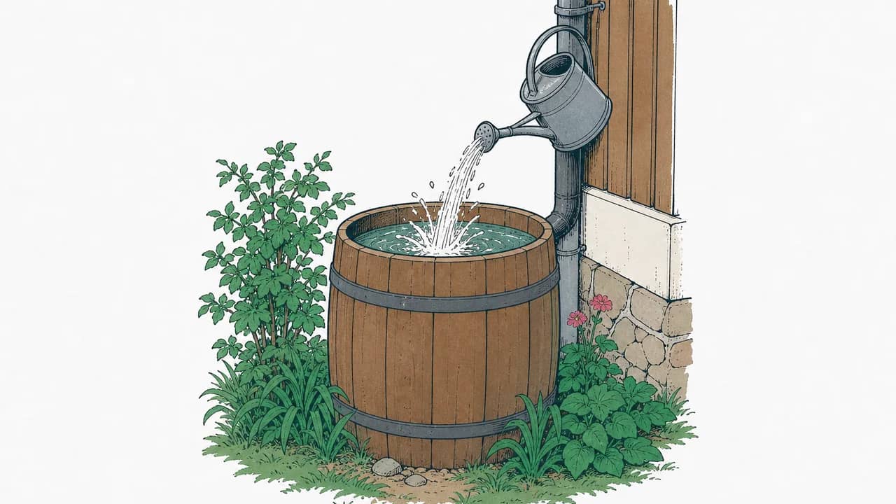 Ein Holzanichtfass, eine Metallgiesskanne und das Wasser, das in das Fassrand spritzt.