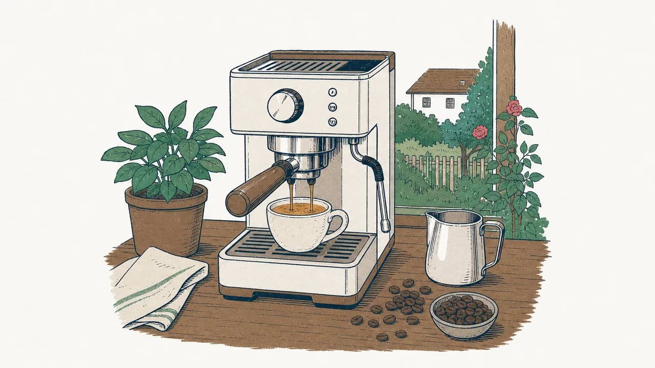 Eine halbautomatische Espressomaschine beim Brühvorgang mit Crema in einer Tasse, einem Milchkännchen und verstreuten Kaffeebohnen auf einer hölzernen Arbeitsfläche.