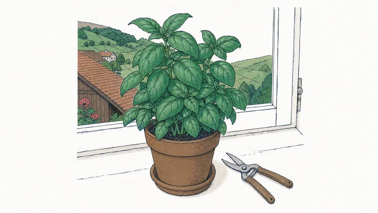 Ein Topf Genoveser Basilikum auf einer sonnigen Fensterbank mit einer kleinen Gartenschere neben dem Topf.