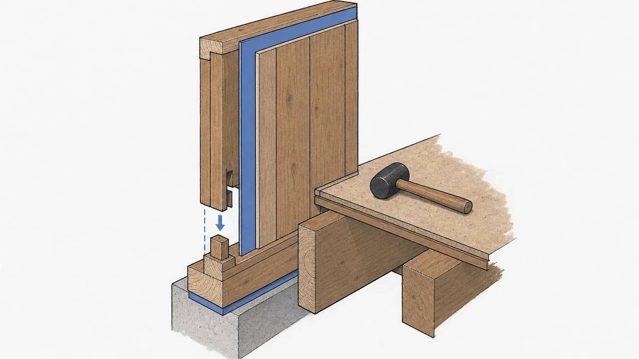 Eine modulare Holzwandverbindung mit einer Zapfenlochverbindung, die ausgerichtet wird, und einem Gummihammer, der auf einem Balken ruht.