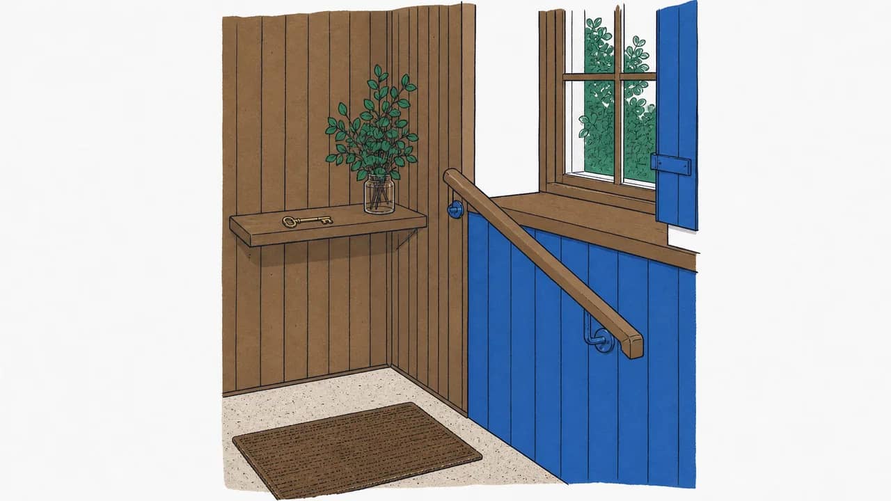 In der timberverkleideten Zimmerecke ist ein massiver Holzhandlauf, eine rutschfeste Gummimatte und ein Messingschlüssel auf einem Regal.