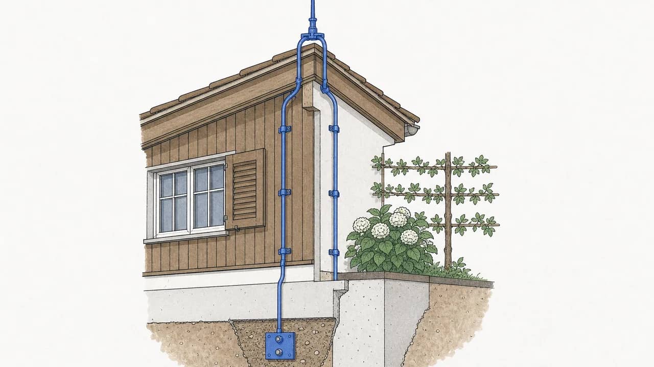 Auf dem aufgeschnittenen, holzverkleideten Dachfirst steht eine Fangleitung, zwei Ableitungen führen zum Fundamenterder.