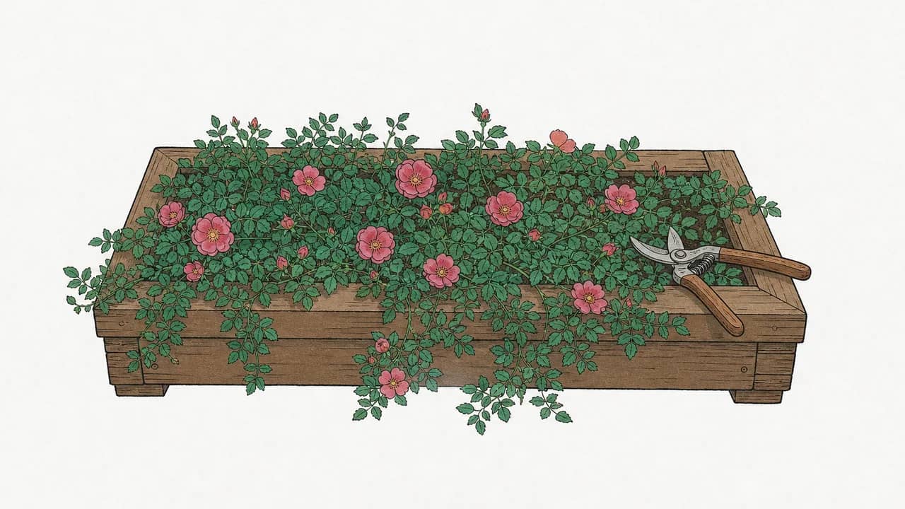 Ein niedriger Holzkasten mit bodendeckenden Rosen in Blüte und einer Gartenschere auf dem Kastenrand.