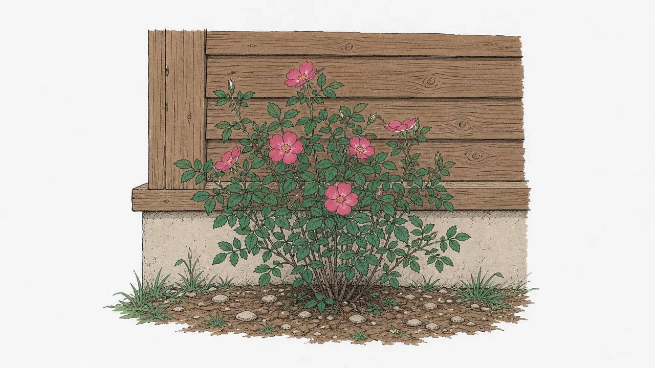 Ein kompakter botanischer Wildrosenstrauch mit mehreren hellrosa Einzelblüten vor einer holzverkleideten Gartenhauswand.