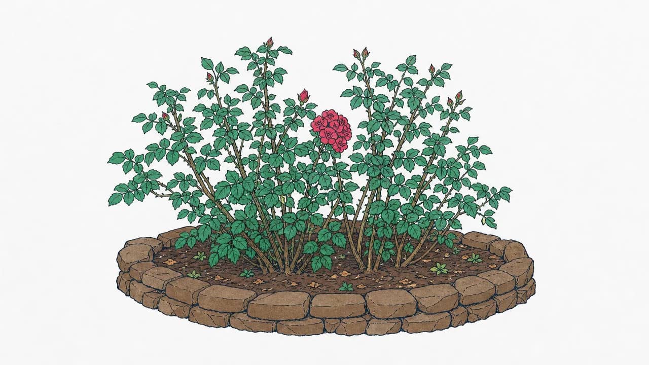 Ein Buschbestand von Bourbon-Rosen in einer niedrigen Steinumrandung mit einer markanten doldenförmigen Blüte.