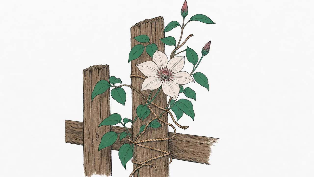 An einem verwitterten Holzlattenzaun klettert eine einzelne blasse Clematisblüte, um den Stiel liegt locker Jutegarn geschlungen.