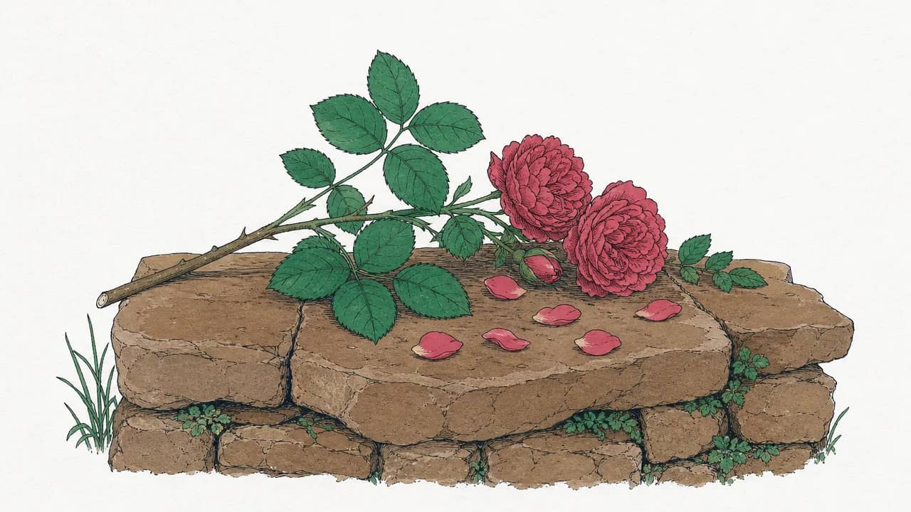einen frisch geschnittenen Damaszenerrosenstängel mit doppelten Blüten auf einer niedrigen Steinmauer mit verstreuten Blütenblättern sehen.
