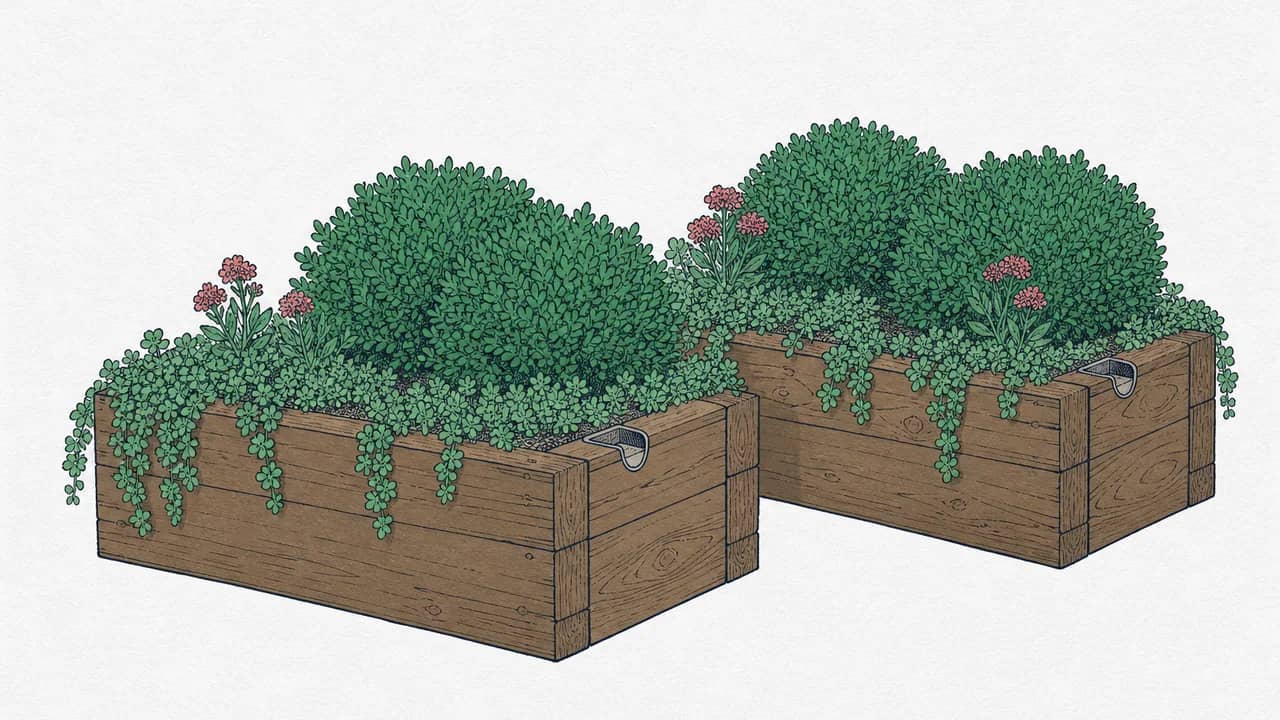 Zwei schwere rechteckige Holztroge, gefüllt mit immergrünem Buchsbaum und hängendem Sedum, mit einem kleinen Abzugsbecher auf dem Rand.