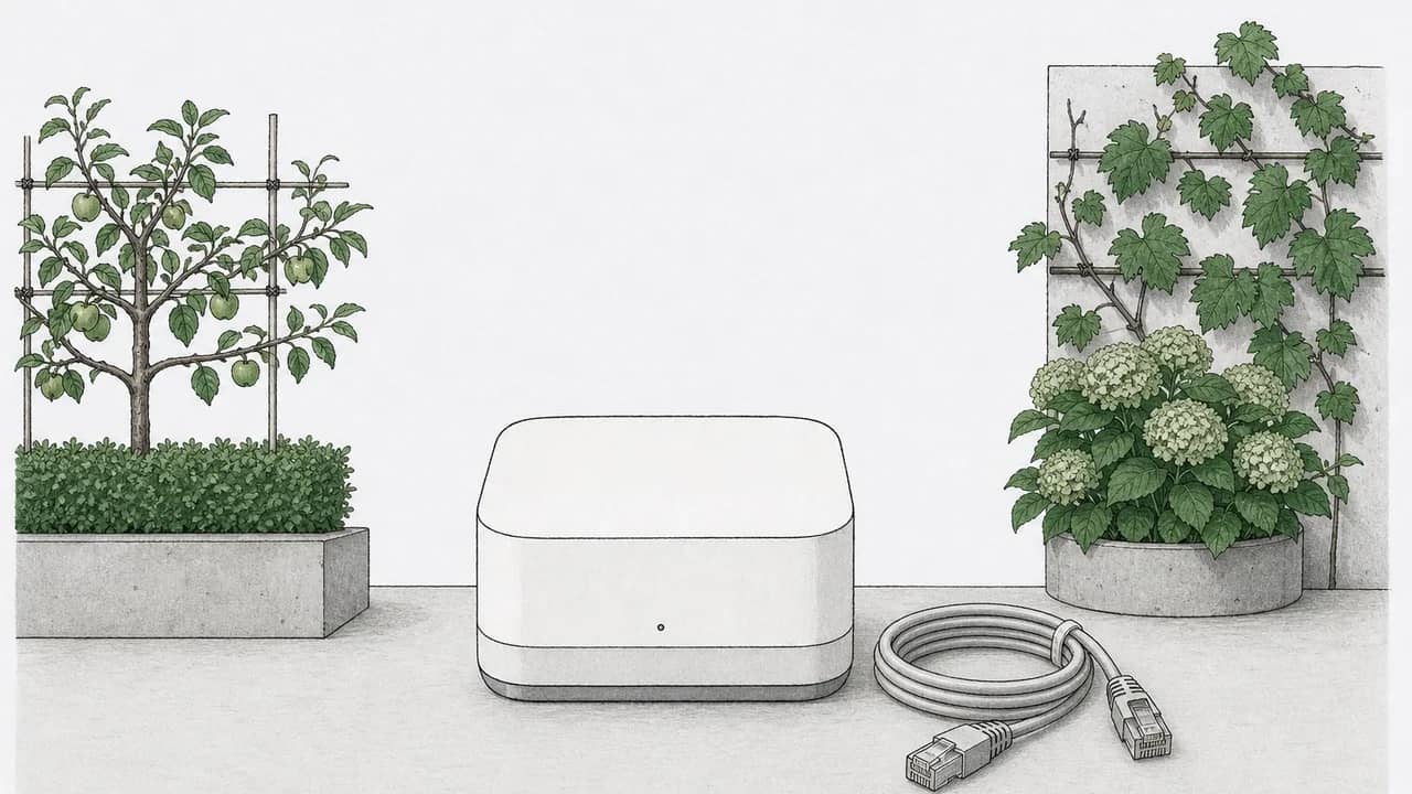 Kompakter weisser Smart‑Home‑Hub, zentral auf einem schlichten Tisch platziert und ein aufgerolltes Ethernetkabel daneben.