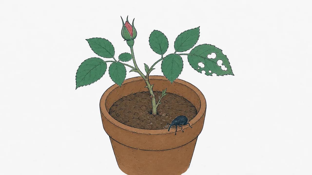 Einen Terrakottatopf mit einem Rosensteckling mit angefressenem Blatt und einem auf dem Rand sitzenden fast schwarzen Dickmaulrüssler.