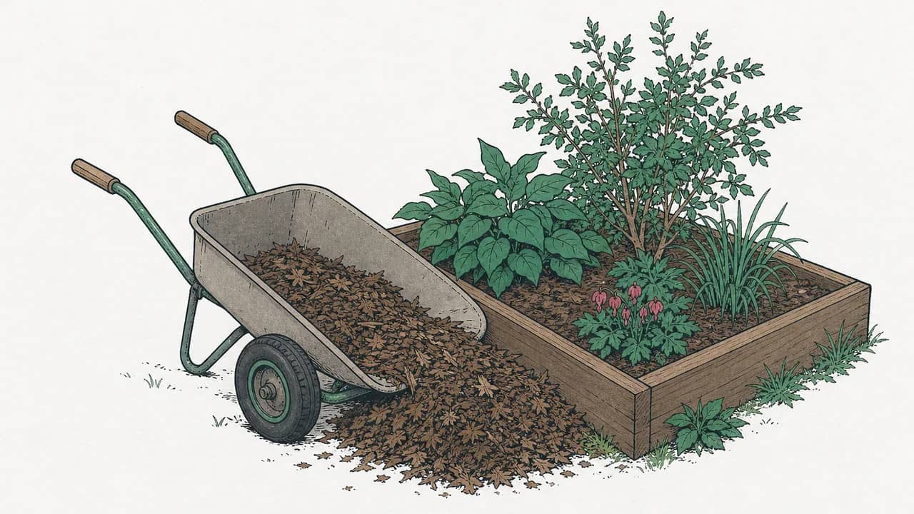 Eine halbvorgefüllte Schubkarre mit Laubmulch neben einem mit Holzbohlen eingefassten Blumenbeet.