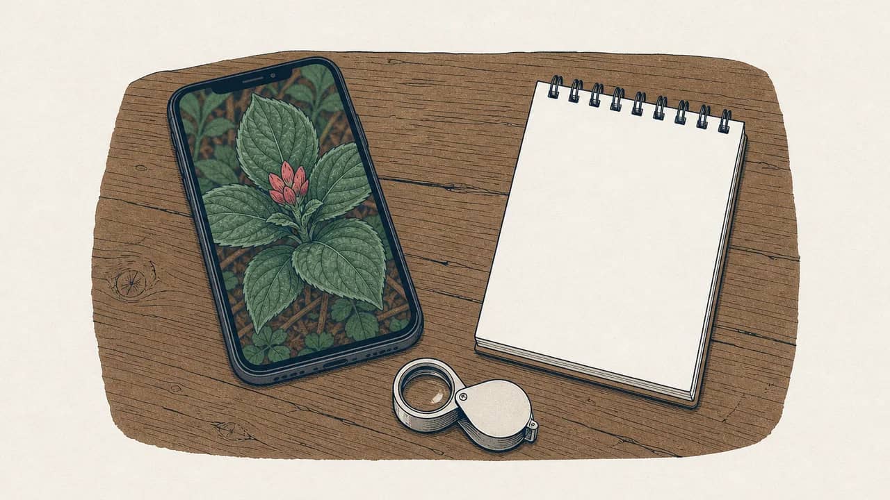 Ein Smartphone auf einem Holztisch mit einer Detailaufnahme einer Zimmerpflanze auf dem Bildschirm, eine Lupe und ein leeres Notizblatt daneben.
