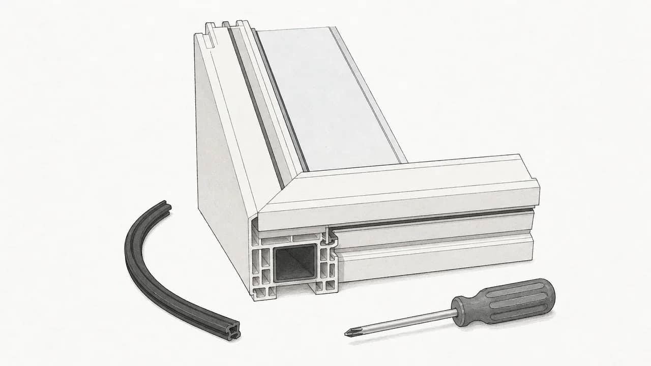 Ein weißes PVC-Rahmensegment liegt flach mit einer Gummidichtungsleiste und einem kleinen Kreuzschlitzschraubendreher.