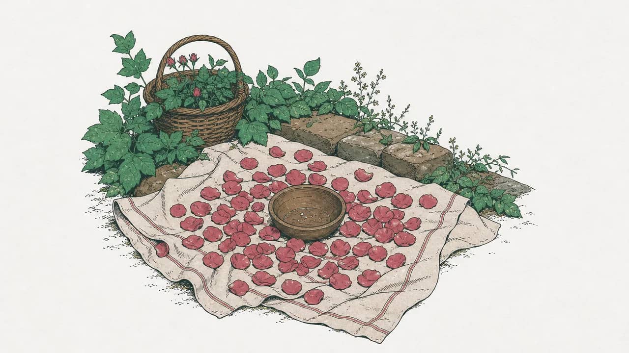 ein Leinenlappen mit Dutzenden frisch gepflückter Rosenblätter und einer kleinen Holzschale mit gesammelten Tropfen.
