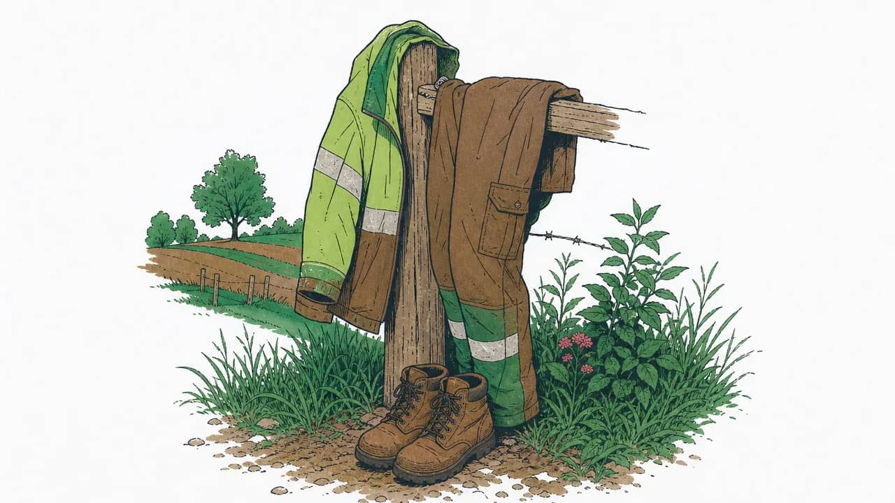 Eine Warnschutz-Sommerjacke und eine Segeltuch-Arbeitshose hängen über einem Holzzaunpfosten, daneben ein Paar Arbeitsstiefel.