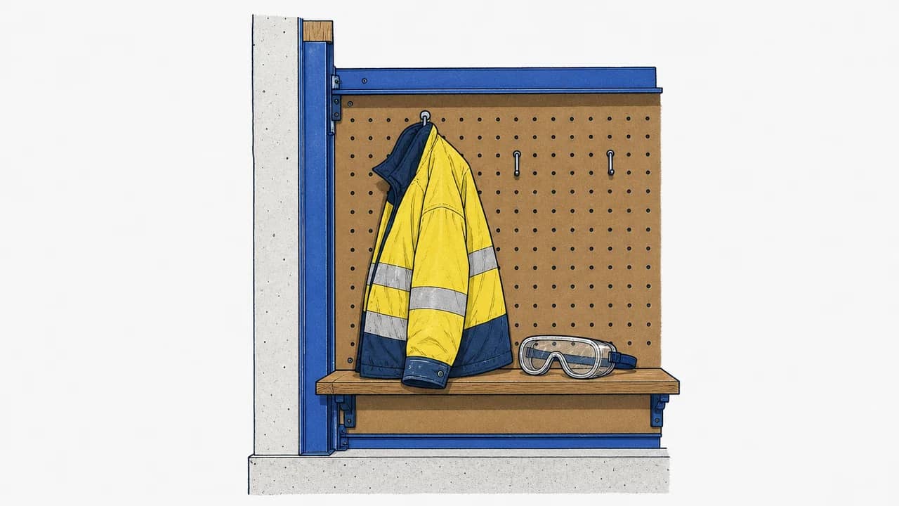 Eine Werkstatt-Lochwand mit einer Warnjacke, die hängt, und einer Schutzbrille, die auf einem Regal liegt.