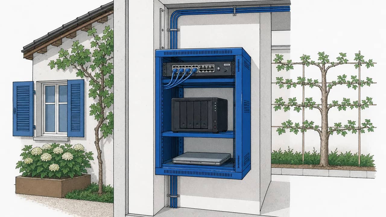 Ein kleiner Server-Rack mit einem leisen NAS, eingesteckten Ethernet-Kabeln und einem ruhenden Laptop auf einem Regal.