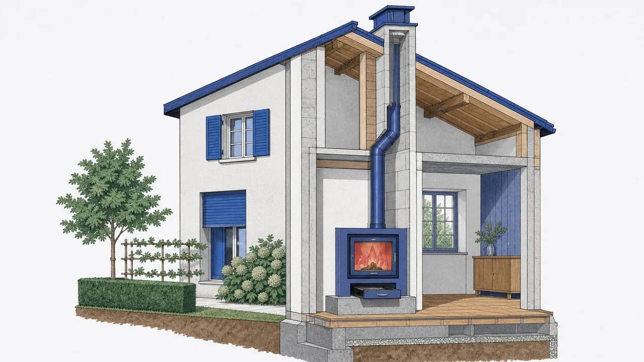 Ein moderner Einbau-Holzofen mit Glastür, einem Stahlrohr zum Kaminanschluss und einer herausgezogenen kleinen Ascheschublade.
