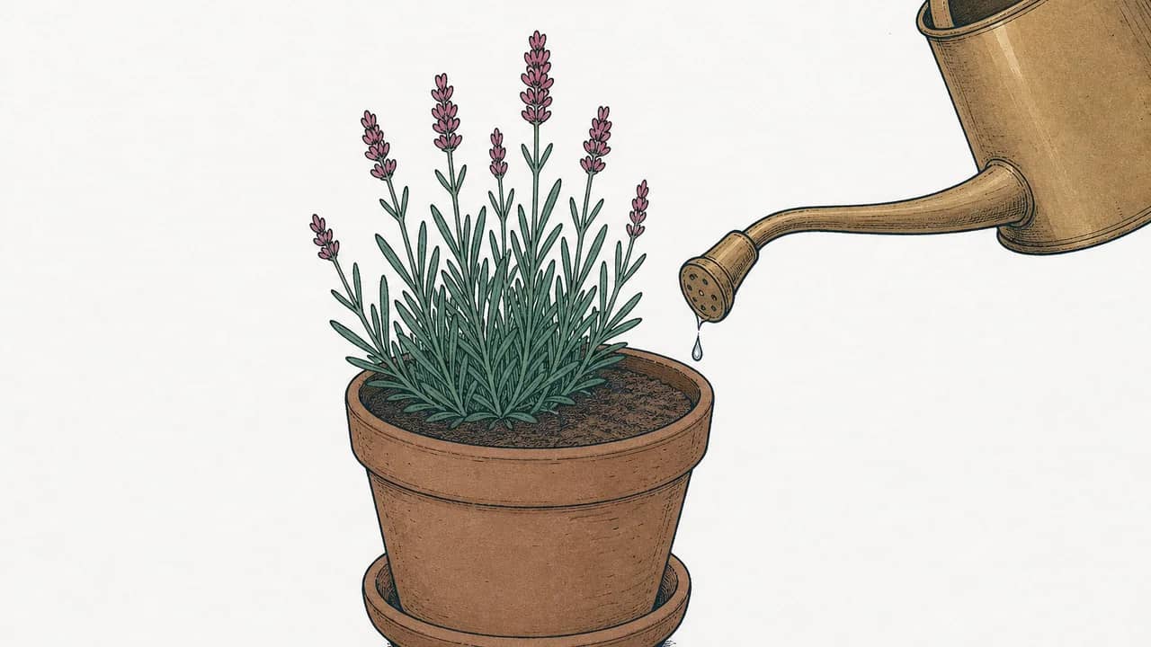 Eine Terrakottaschale mit Lavendel und eine Messing-Giesskanne, aus der ein einzelner Tropfen auf die Erde fällt.