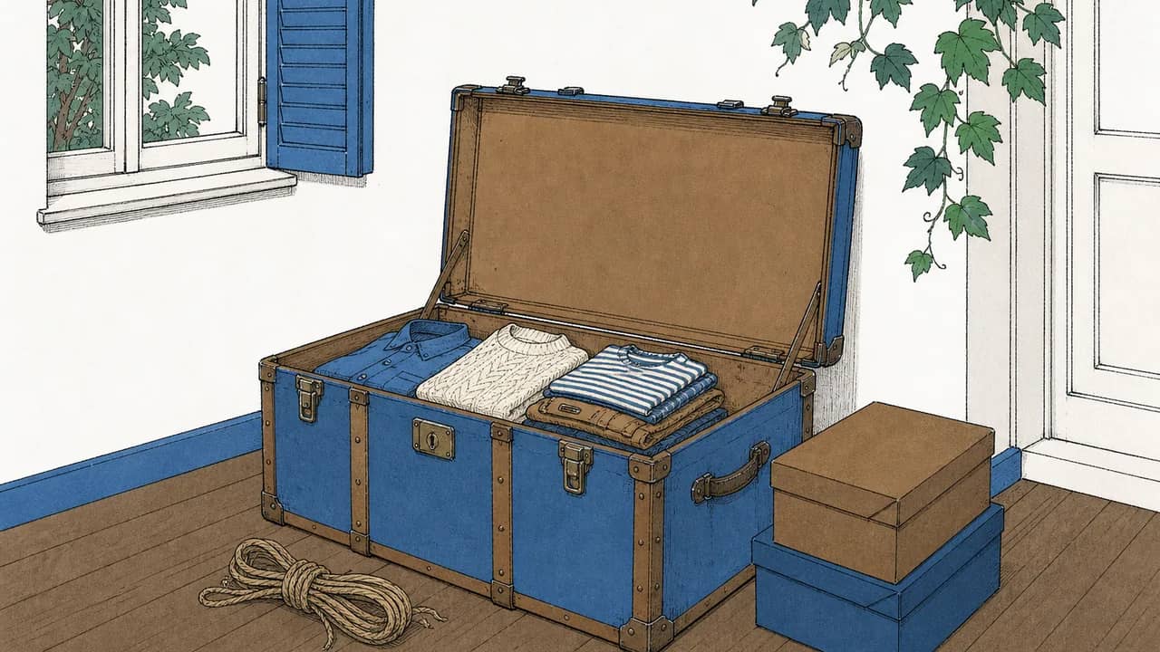 Ein geöffneter vintage Seesackkoffer mit ordentlich gefalteter Kleidung, einem zugebundenen Packseil und zwei gestapelten Schuhkartons daneben.