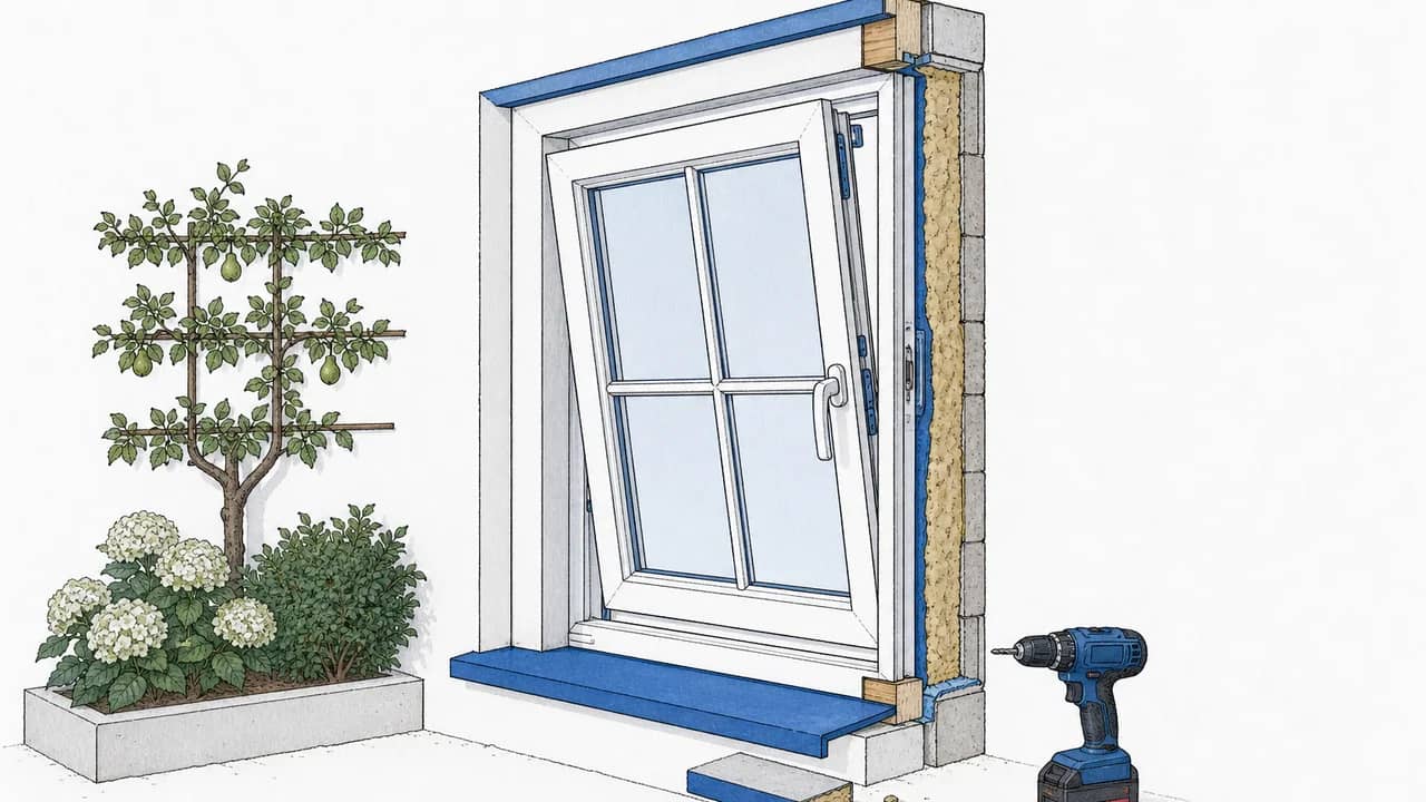 Ein weißer Kunststoff-Fenstervorsatz leicht geöffnet, freigelegte Dämmung im Laibungsbereich und ein Akku-Bohrer auf dem Boden.