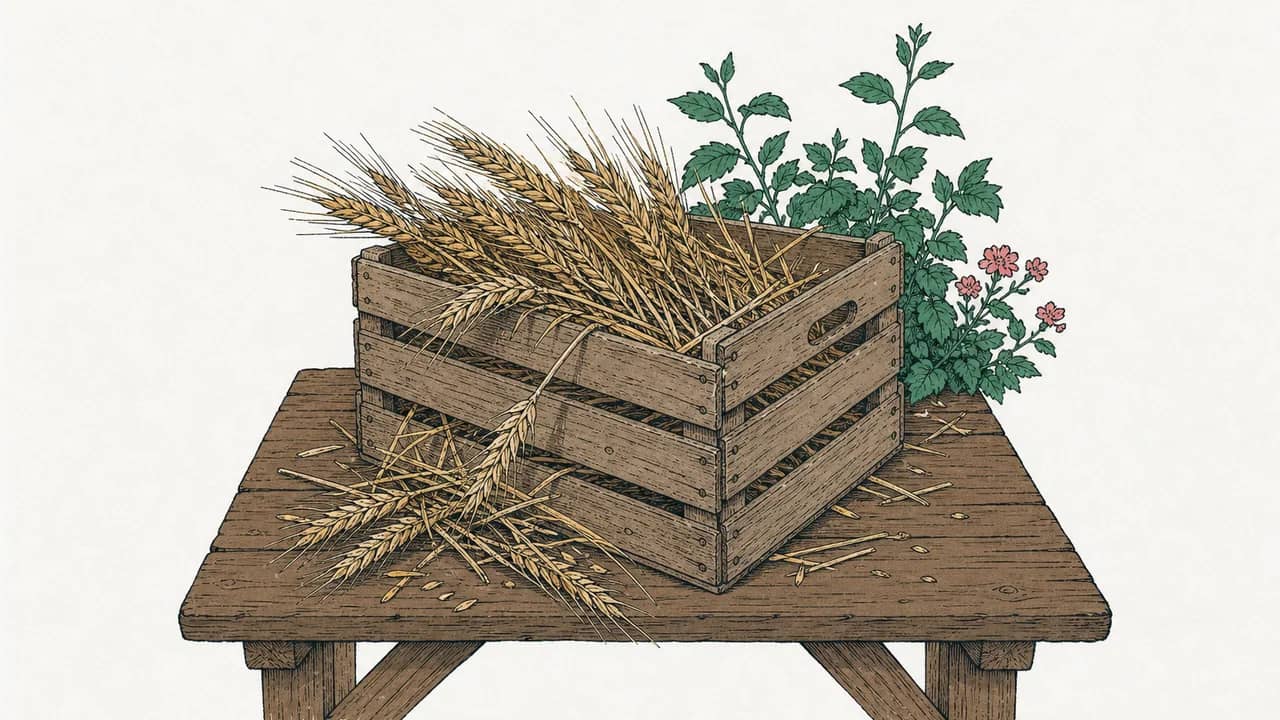 Eine verwitterte Holzkiste mit goldenen Weizenähren, die auf einen Holztisch hinausragen.