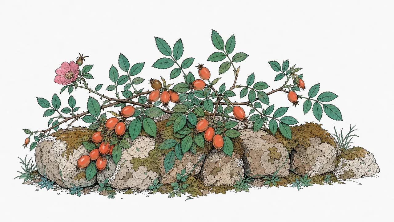 einen Wildrosenzweig mit leuchtend orangefarbenen Hagebutten, liegend an einer moosigen Steinbegrenzung sehen.