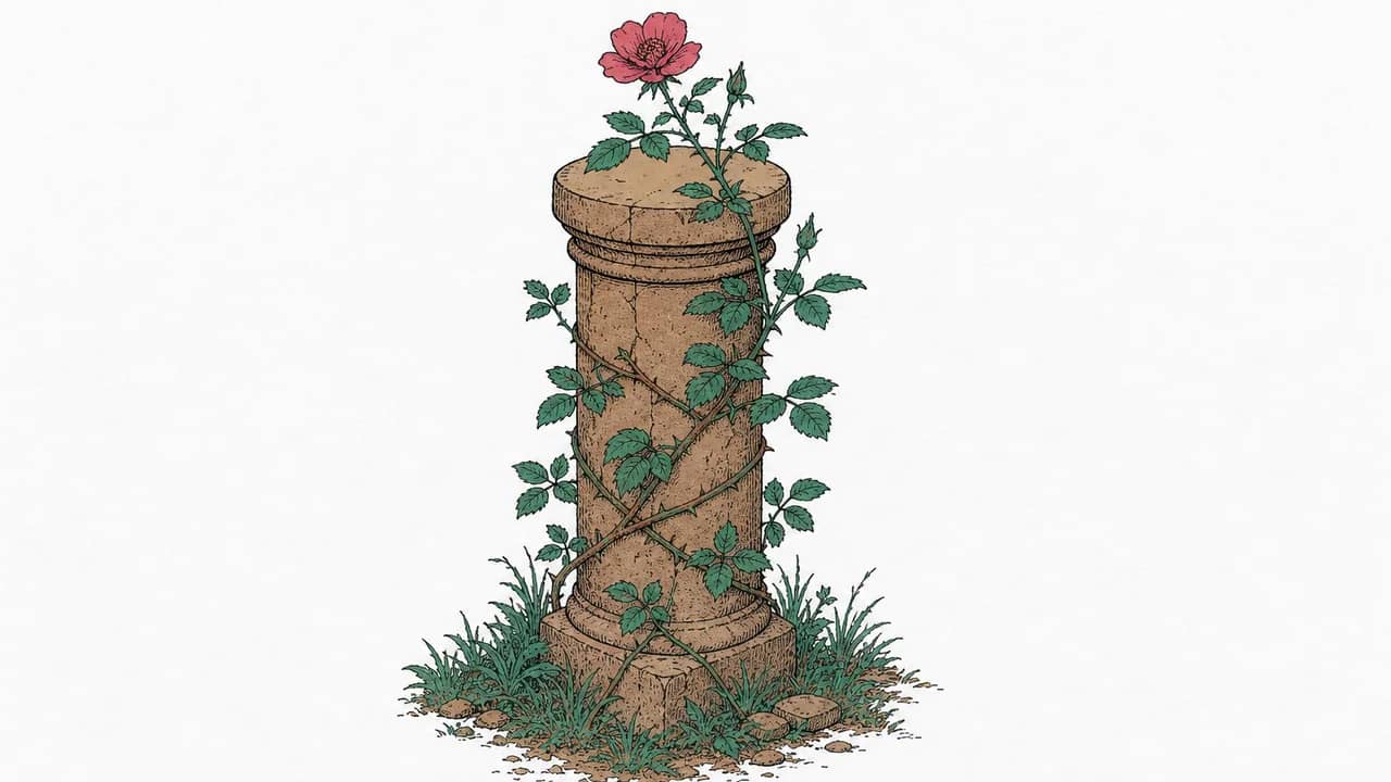 eine einmalblühende Kletterrosenranke, um eine alte steinerne Säule gewunden, mit einer geöffneten Blüte nach oben gerichtet sehen.