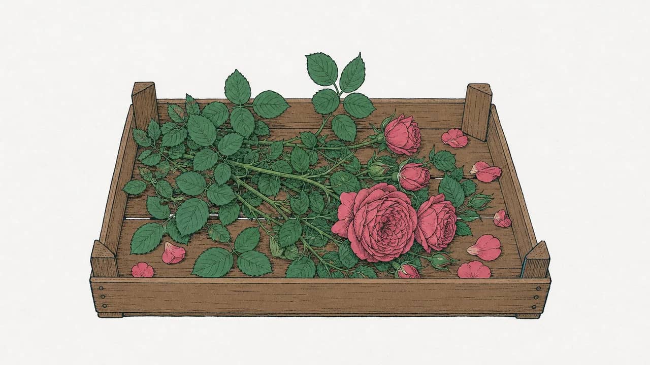 eine flache Holzkiste mit frisch geschnittenen Englischen Rosenstielen und verstreuten losen Blütenblättern.