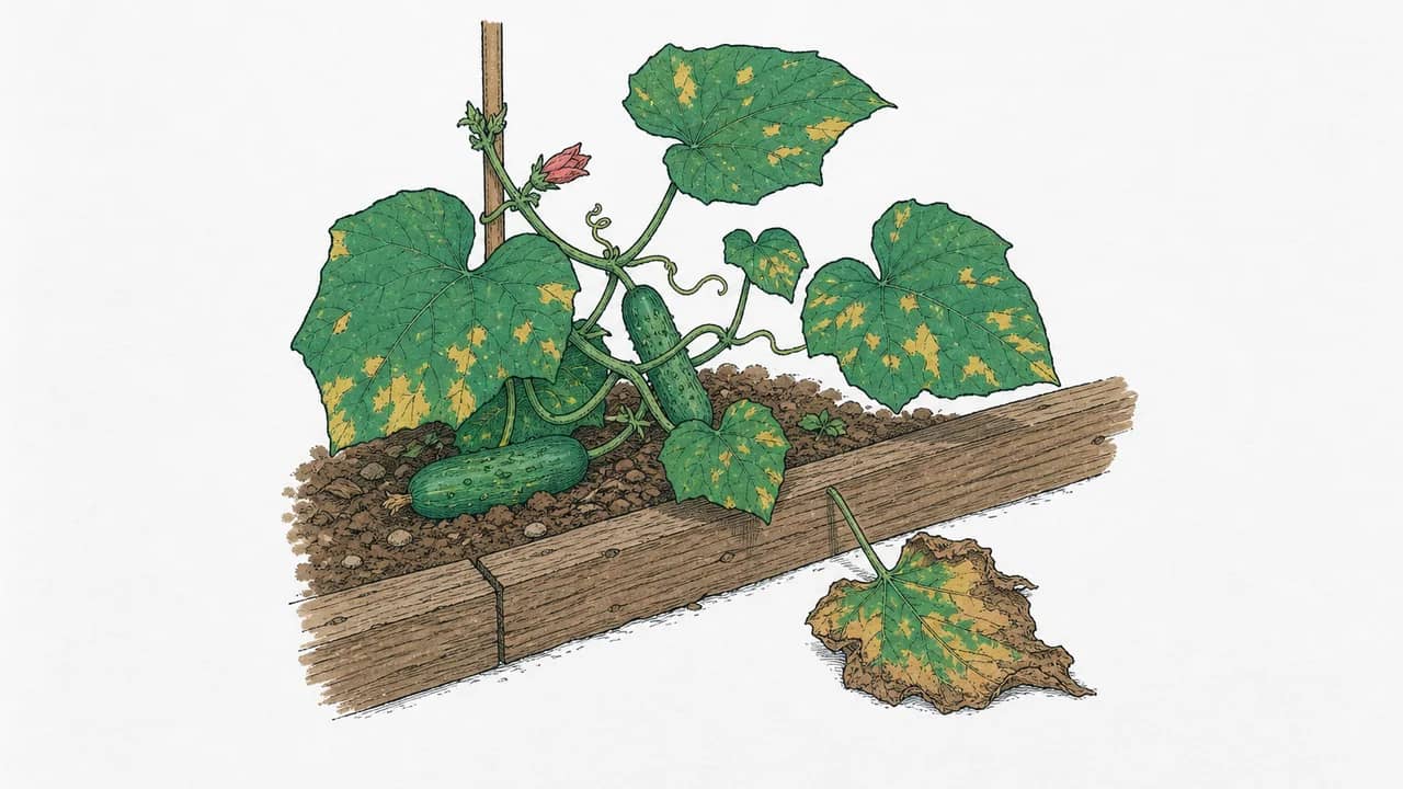 Ein Abschnitt einer Gurkenranke mit gelblich abgegrenzten Blattflecken und einem abgefallenen braun werdenden Blatt, auf einem holzbegrenzten Gartenweg liegend.