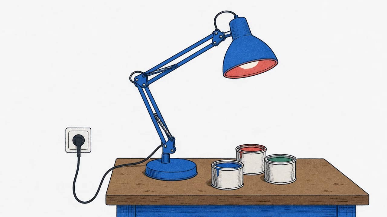 Eine verstellbare Schreibtischlampe mit eingeschalteter warmer LED-Lampe neben drei geöffneten kleinen Farbdosen auf einer Werkbank.