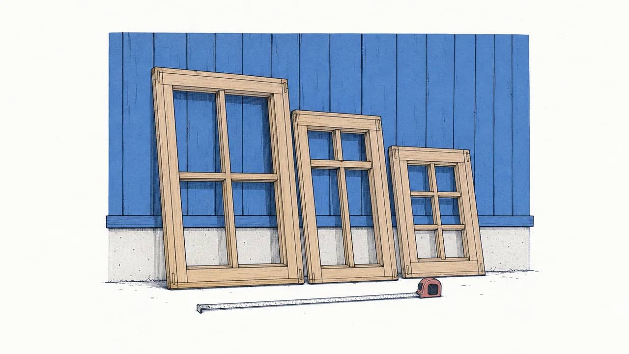 Drei Holz-Fensterrahmenmuster lehnen an einer Holzverschalung, ein Maßband liegt quer über den Rahmenmustern.
