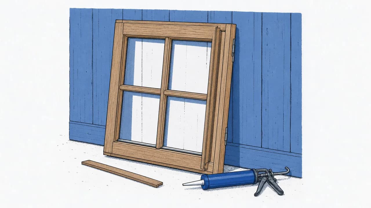 Eine einzelne Holzfensterflügelprobe lehnt an einer holzverkleideten Wand, mit abgenommenem Glasleistenstück und einer daneben liegenden Kartuschenpistole.