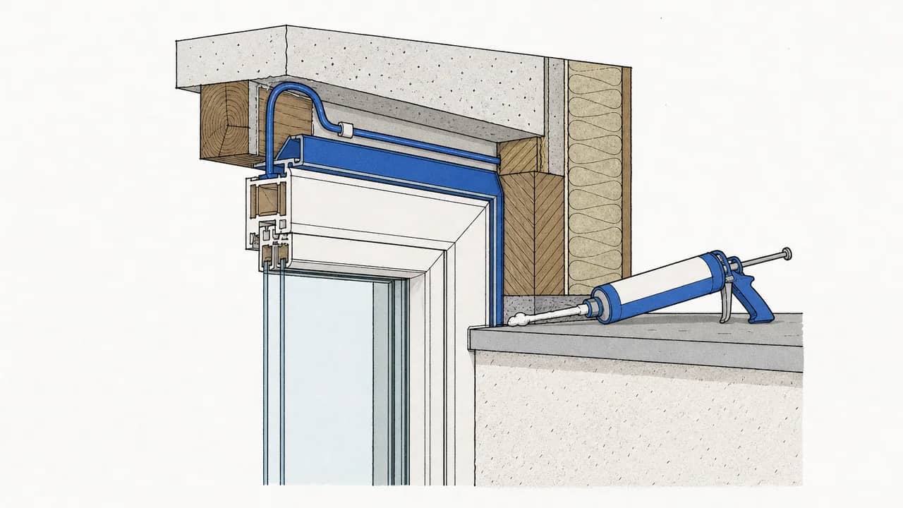 Ein äußerer Fensterkopf mit Frostschutz-Heizkabel am Rahmen und einer Schaumdosenkartusche auf der Fensterbank.