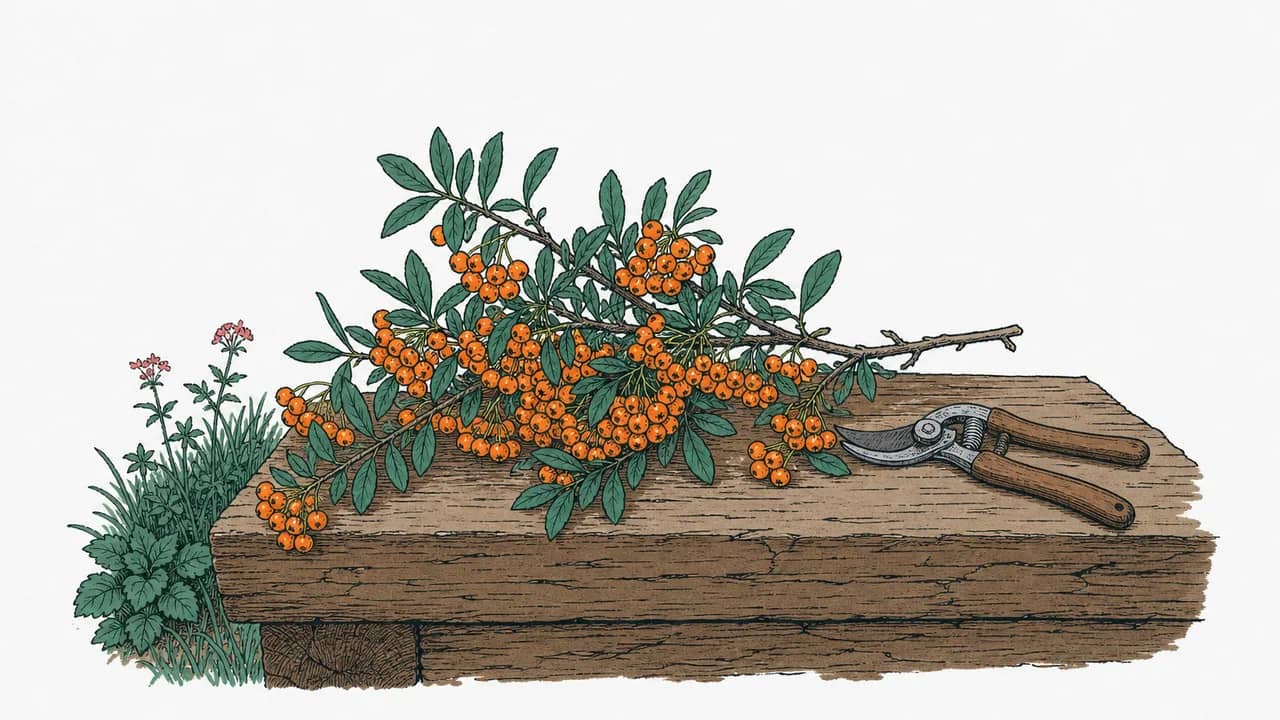 ein Feuerdornzweig mit orangefarbenen Beeren liegt auf einer niedrigen Holz-Gartenmauer, eine Gartenschere liegt daneben