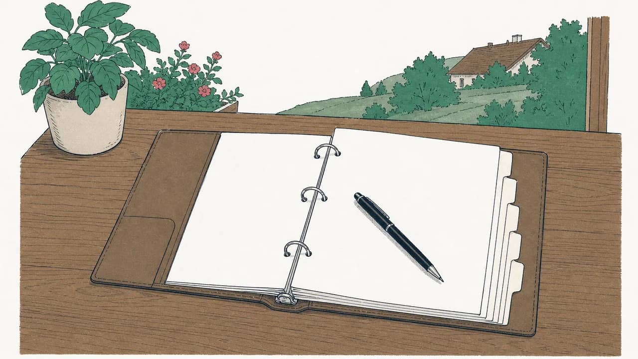 Ein offenes Ringbuch mit leeren Trennblättern und ein schwarzer Kugelschreiber liegt quer auf einem Holzschreibtisch.