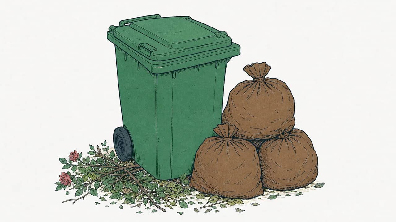 Eine grüne Gartenabfalltonne mit geschlossenem Deckel und drei zusammengebundene braune Gartenabfallsäcke gestapelt daneben.