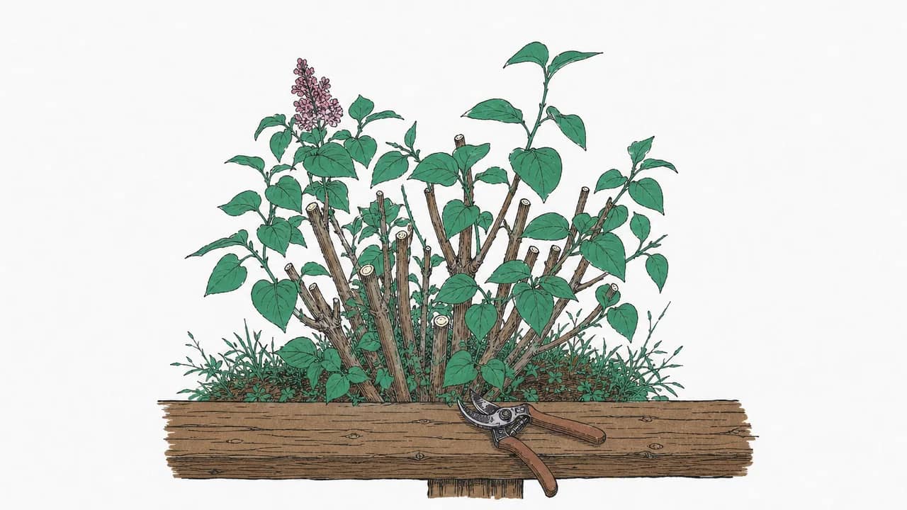 Ein Fliederstrauch mit frisch geschnittenen Trieben und eine Gartenschere, die auf einem Holzlattenzaun liegt.