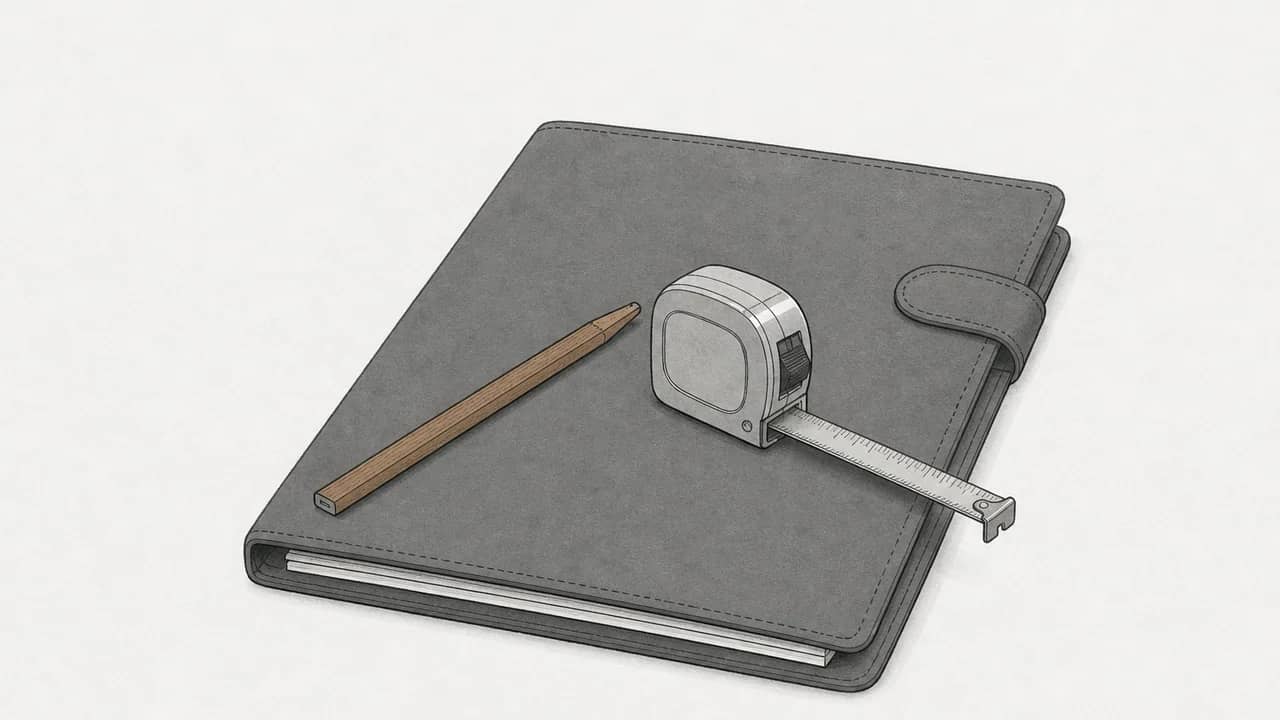 Ein geschlossenes Lederportfolio, ein hölzerner Zimmermannsbleistift und ein teilweise abgewickeltes Edelstahl-Massband liegen geometrisch angeordnet.