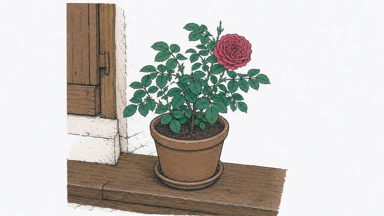 Eine einzelne Topf‑Rosa gallica mit einer voll geöffneten, tiefrosa, doppelten Blüte auf einer niedrigen Holzschwelle.