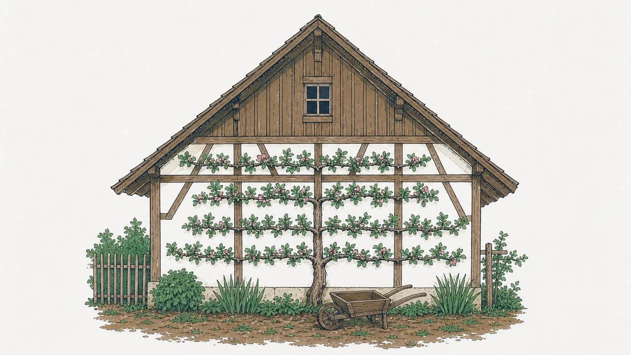 Ein Spalierapfelbaum wächst an einer giebeligen, holzverkleideten Hauswand, darunter eine leere Holzschubkarre.