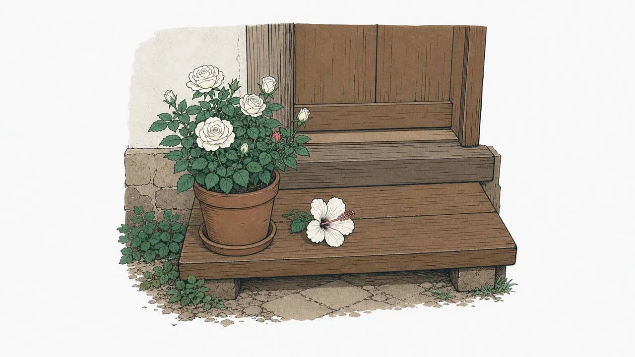 eine niedrige Holzschwelle mit einem Topf mit weisser Rose und einer einzelnen abgeschnittenen weissen Hibiskusblüte daneben.
