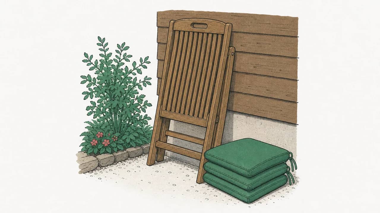 Ein zusammengeklappter Teakholz-Stuhl mit Latten lehnt an einer Holzverkleidungswand, darauf drei gestapelte Stoffsitzkissen.