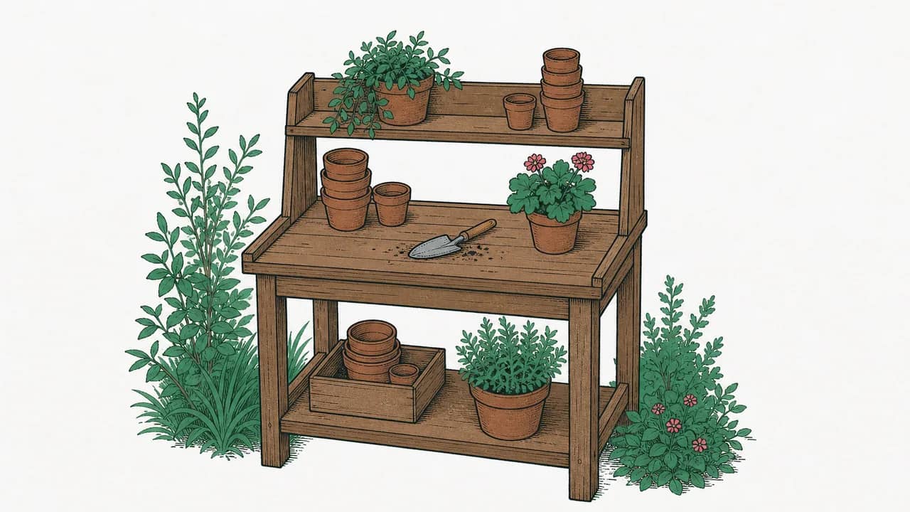Eine kleine Holz-Pflanzerbank mit aufgestapelten Tonblumentöpfen und einer Gartenschaufel, die auf der Arbeitsfläche liegt.